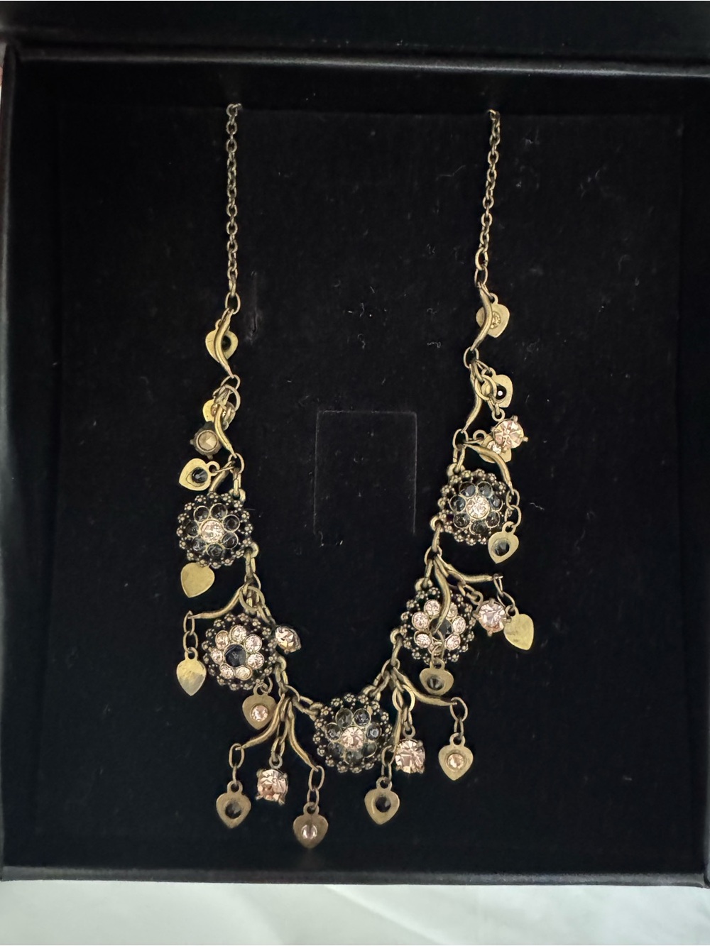 Michal Negrin Gold Tone Floral Crystal Heart Dangle Necklace